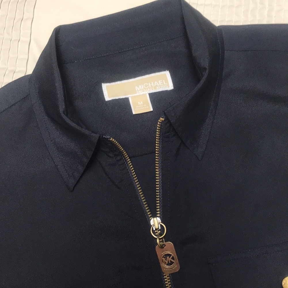 *MICHEAL KORS* Long Sleeve Zip Blouse Top Navy M - Picture 3 of 9